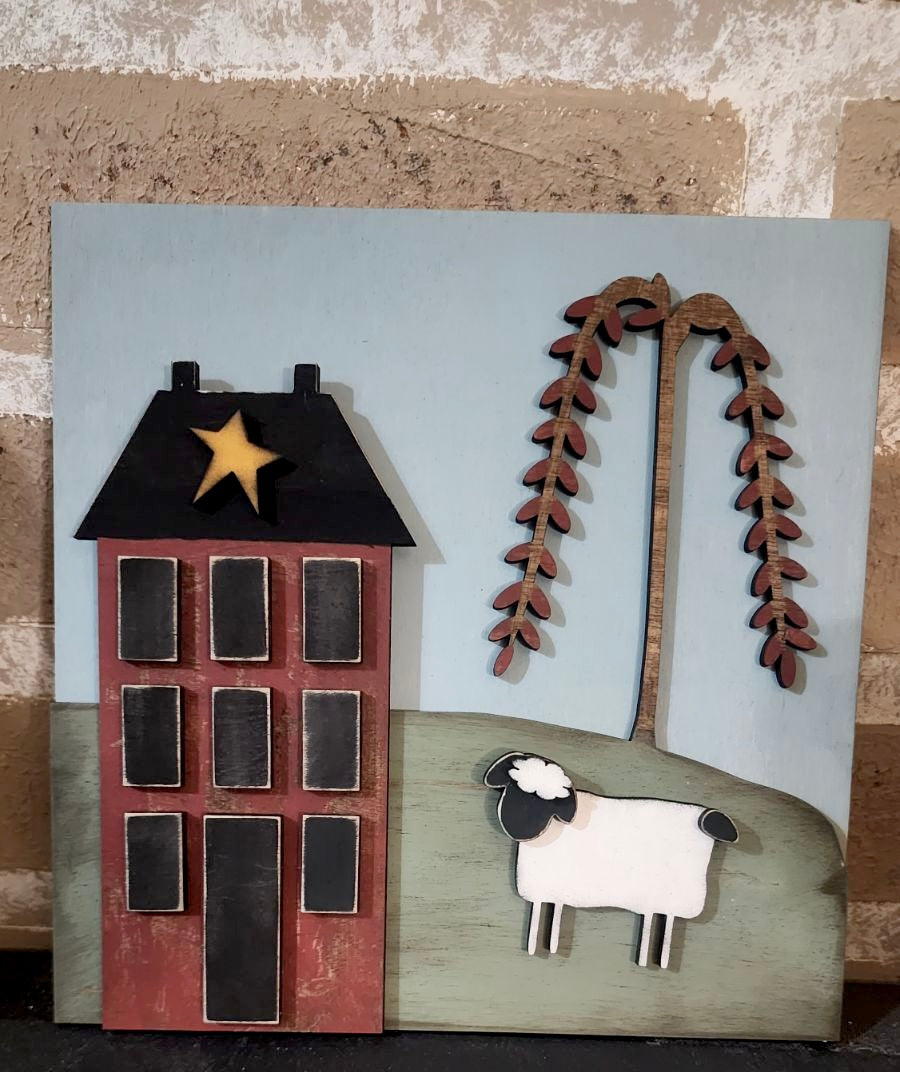 Prim Saltbox House with Sheep