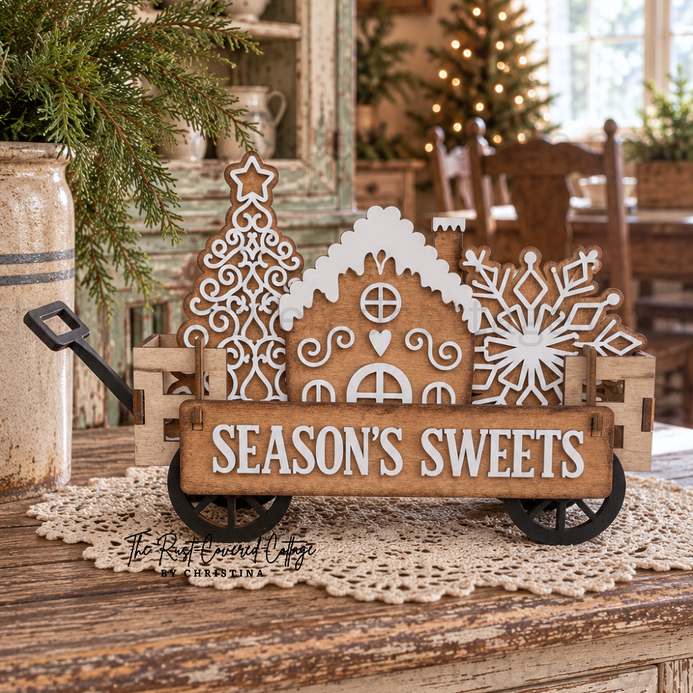 Seasons Sweets Insert displayed in Interchangeable Wagon Base with gingerbread house Christmas tree and snowflake