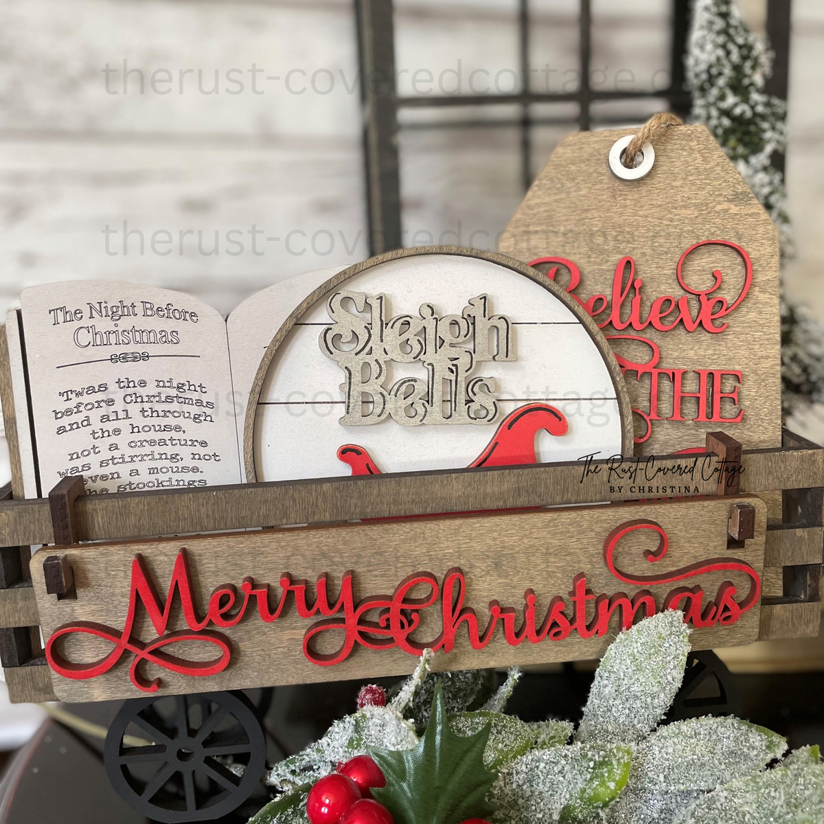 Finished Vintage Christmas Insert displayed in Wagon Base with Sleigh Bells Believe in the Magic and Merry Christmas signs