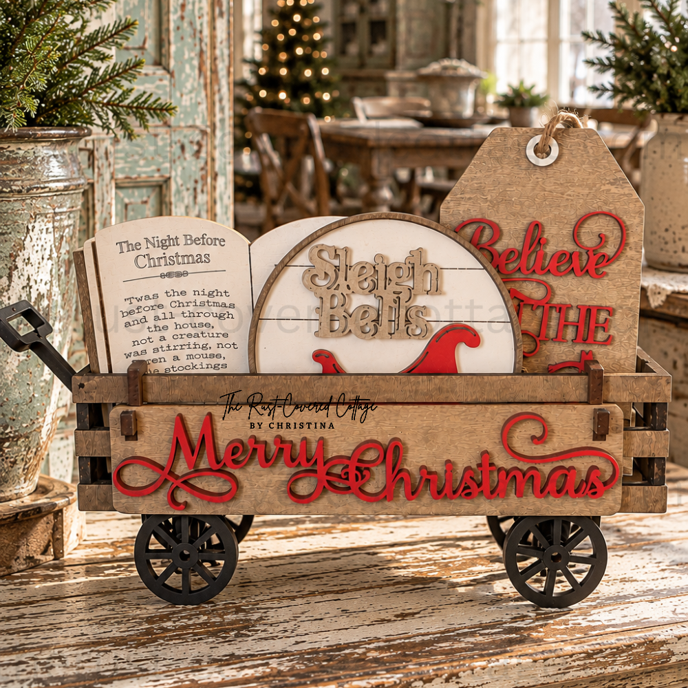 Vintage Christmas Insert displayed in Interchangeable Wagon Base with classic Christmas signs and Merry Christmas lettering