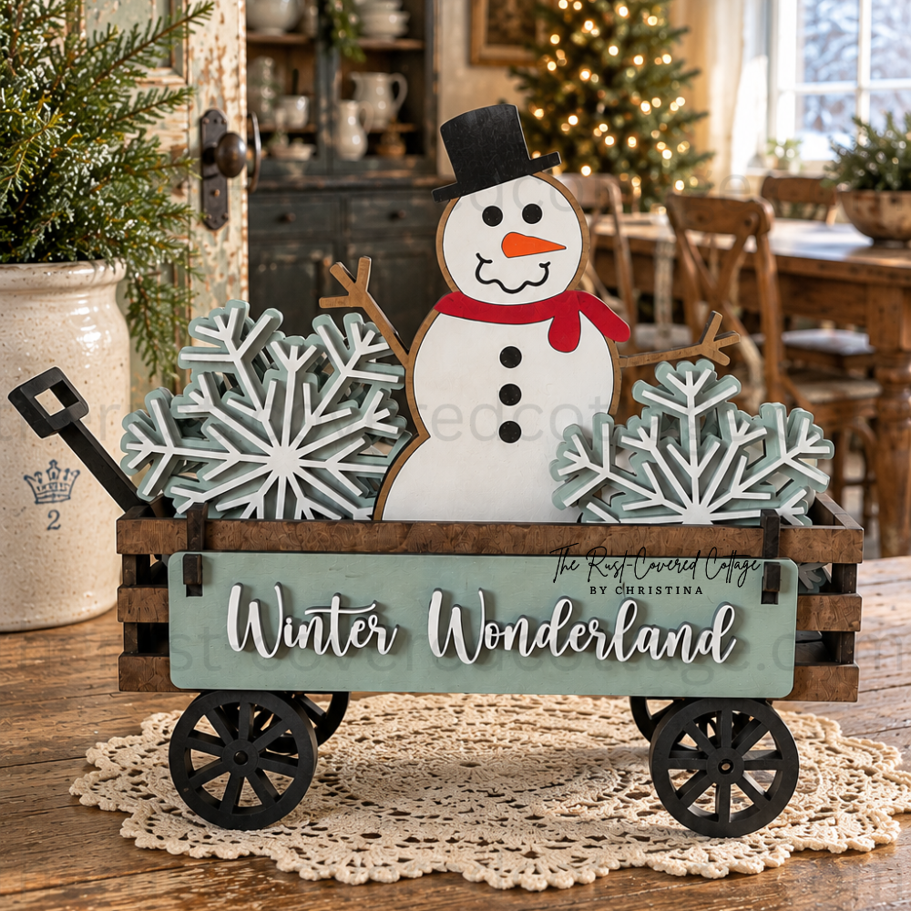 Winter Wonderland Insert displayed in Interchangeable Wagon Base with snowman and layered snowflakes